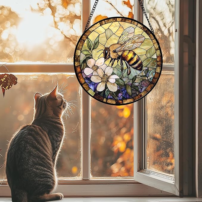 Stained Glass Window Hanging, Vintage Bee Yellow Flower Sun Catcher for Window Door Home Decor Suncatcher Christmas Mother's Day Birthday Gifts for Women Men Mom and Nana 11.8 in