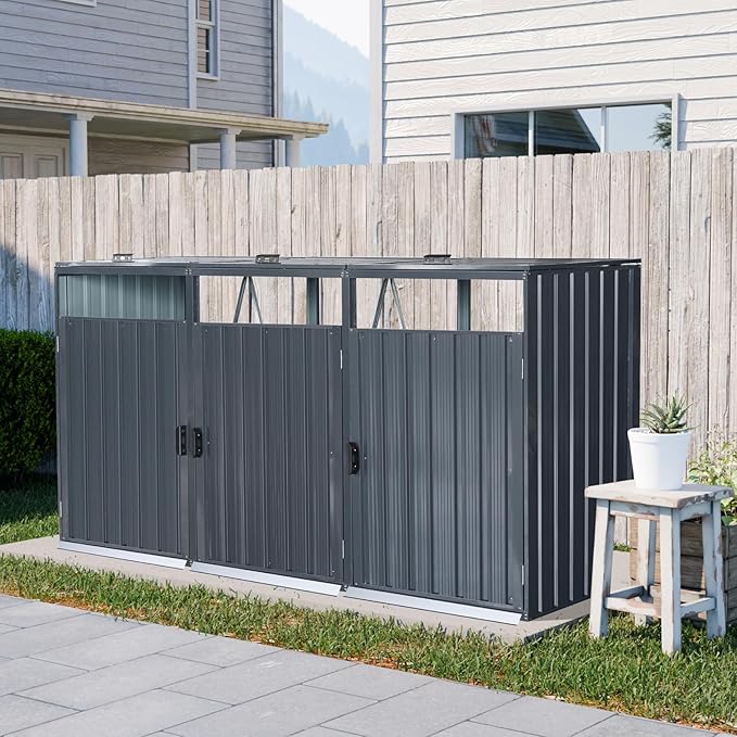 Garbage Bin Storage Shed for 3 Trash Cans Outdoor Metal Enclosure Charcoal Galvanized Steel Garbage Can Holder Concealer Hide Utility Bin Shelter Garden Yard Lawn