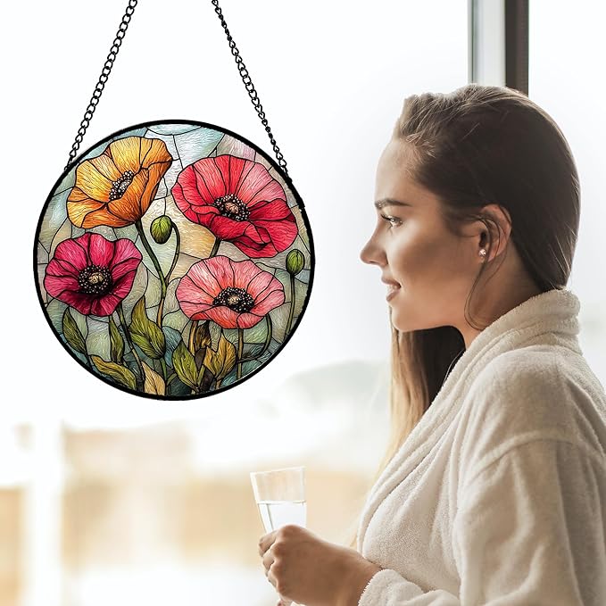 Stained Glass Suncatcher, Red Orange Poppy Flowers Sun Catcher Silver Background Wildflowers Window Hanging Decor Christmas Mother Birthday Gifts for Women Men Mom Nana 9.8 in