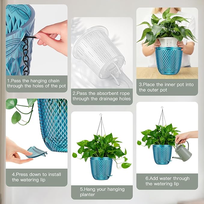 QCQHDU Self Watering Hanging Pots, 2 Pack 7.2 Inch Hanging Planters for Plants Indoor, Outdoor Flower Pots with Drainage Holes and 3 Hooks Chains for Garden Home (Klein Blue)