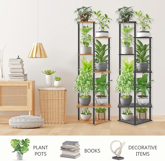 Tall Plant Stand Indoor, 7-Tier Modern Plant Shelf for Multiple Plants, Wood Metal Flower Holder for Living Room Balcony Bedroom, Black
