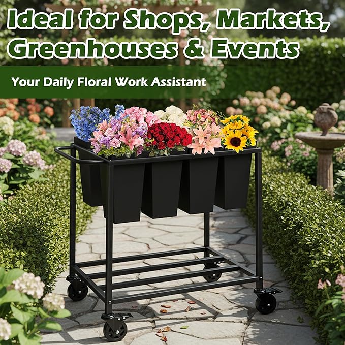 Flower Cart with 8 Buckets,Flower Cart Display Stand with Wheels,Bloom Bar,Flowers Stand for Wedding ,Party and Home Decor,Black