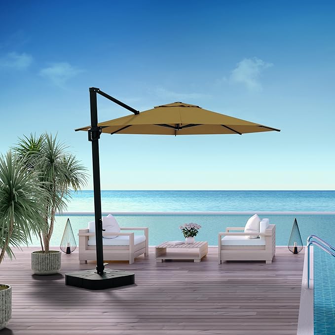 Midtown Umbrellas 10 Ft Outdoor Cantilever Patio Umbrella w/Terylast Sand Tan Fabric - Rotate Tilt 360° Offset Patio Umbrella, Deck Patio Umbrella, Backyard Umbrella & Garden Umbrella - Black Frame