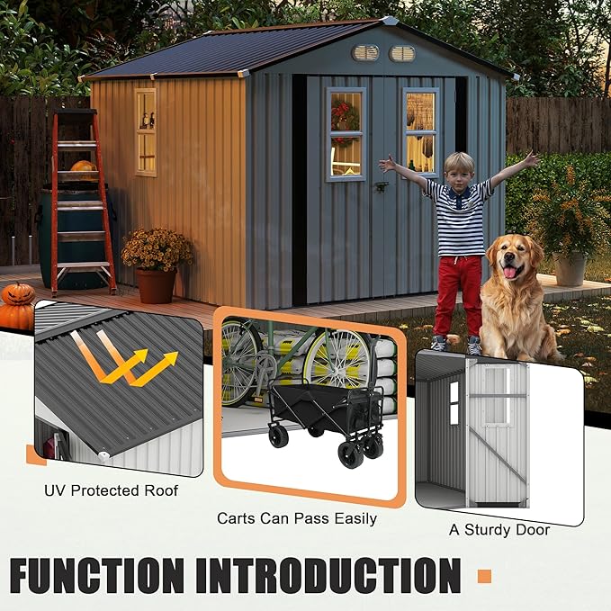 8x8 SF Outdoor Storage Shed,Metal Shed with Lockable Doors & 4 Daylight Windows,Garden Tool Shed w/Air Vents & Sloped Roof, Ideal for Backyard,Patio,Lawn,White