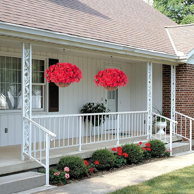 Artificial Fake Hanging Flowers for Outdoors Basket Spring Decor, Bougainvillea Faux Hanging Plants Outdoor Silk Flower in Planter Look Real UV Resistant for Outside Porch Patio Garden Yard Home, Red