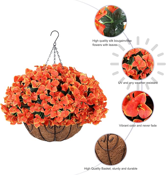 Artificial Faux Hanging Flowers Plants Baskets for Outdoors Spring Decoration, Fake Silk Bougainvillea Flowers in Planter Look Real UV Resistant Faux Flower for Outside Porch Patio Garden Yard Home