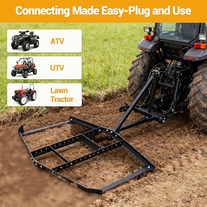 Driveway Drag, 66" Width Drag Harrow with Adjustable Bars & Pin Hitch, Support Up to 50 Lbs, Heavy Duty Steel Tow Behind Drags Harrow for Most ATVs, UTVs, Driveway Graders, Garden Lawn Tractors