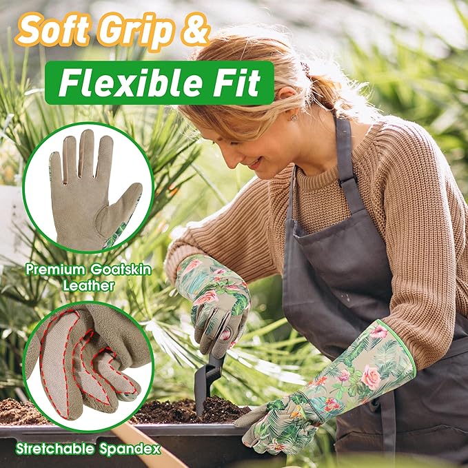 HLDD HANDLANDY Long Gardening Gloves, Leather Thorn Proof Rose Pruning Glove for Men & Women, Great Gift for Gardener