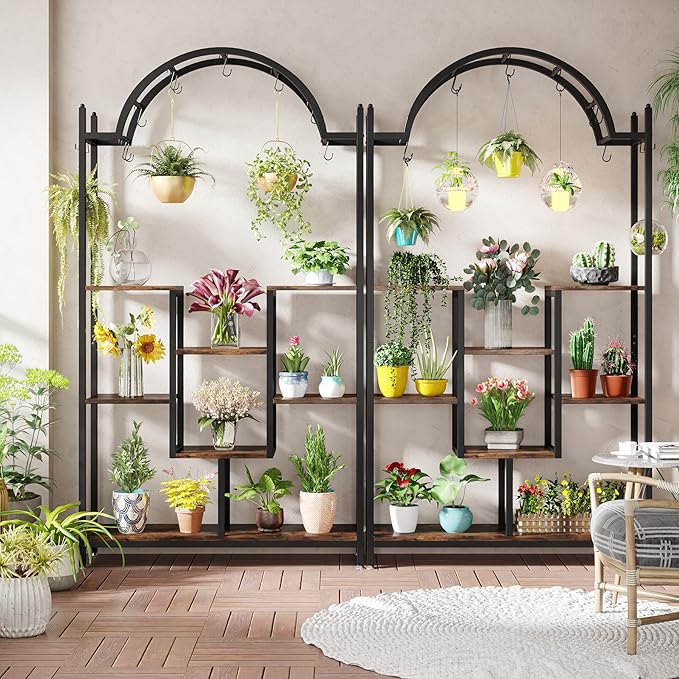 Tribesigns 5-Tier Tall Indoor Plant Stand, 74.8'' Arched Metal Flower Shelf with Hanging Hooks, Large Bonsai Pots Display Rack for Indoor, Balcony, Living Room