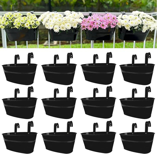 LaLaGreen Rail Planter Outdoor Plants(11.8 Inch, 12 Pack) Black Metal Iron Hanging Flower Pots Deck Railings Fence Buckets Modern Countryside Boho Style Wall Mount Window Box Plant Holder Porch Decor
