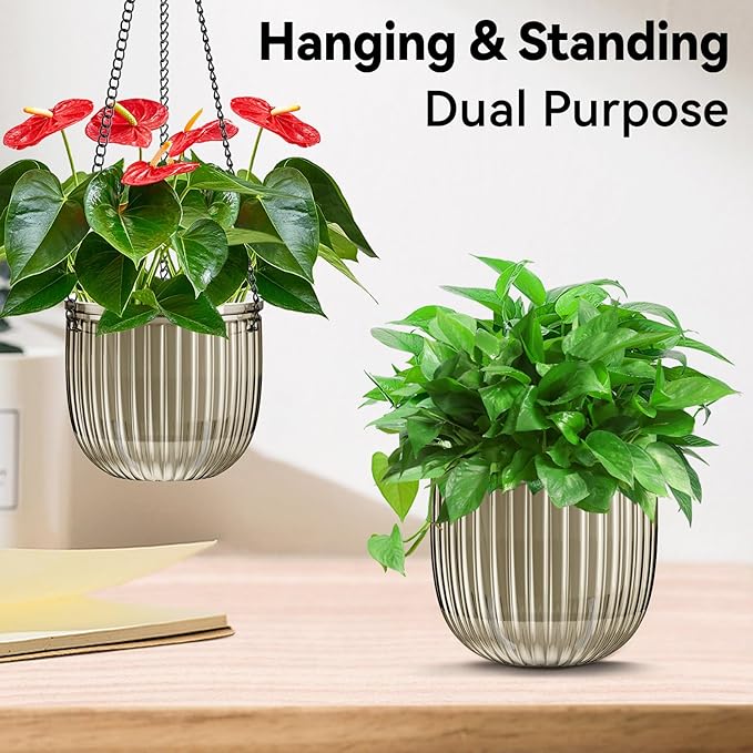 ZeeDix 3 Pack Self Watering Hanging Planters, 6.5 Inch Indoor Plant Pots with 3 Hooks Visible Water Level and Drainage for Home, Wall, Window Decor Outdoor Use(Starry Gray)