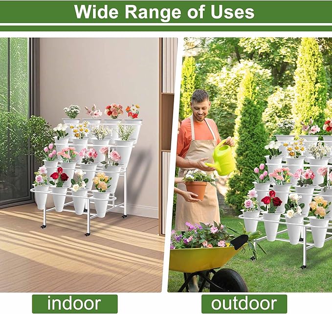 Floral Display Stand with 16 White Flower Baskets 4-Layers Cart Display Stand with Wheels ,Sturdy Mobile Flower Bouquet Rack for Courtyard, Garden, Flower Shop, with Lockable Rotating Wheels (White)