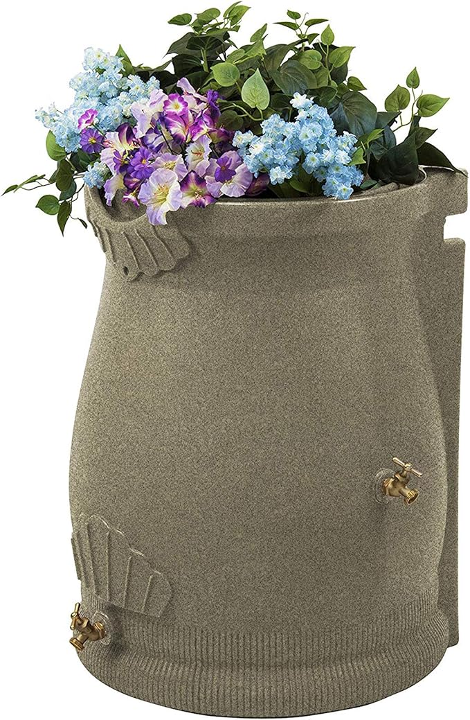 Good Ideas Rain Wizard 50 Gallon Rain Saver Barrel Water Storage Urn with Planter Space and 2 Brass Spigots, Sandstone (2 Pack)