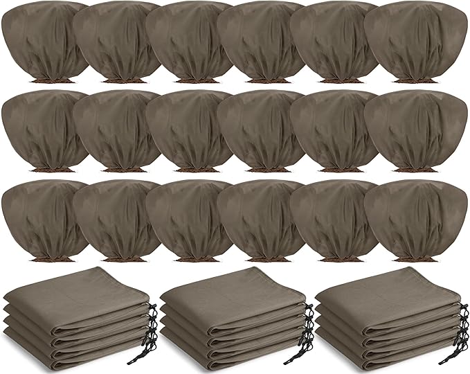 18 Pcs Winter Plant Covers Freeze Protection 39.4x23.6 Inch Horizontal Shrub Tree Plant Protection Bags Frost Blanket with Drawstring for Fall Winter Outdoor Garden Planting (Brown)