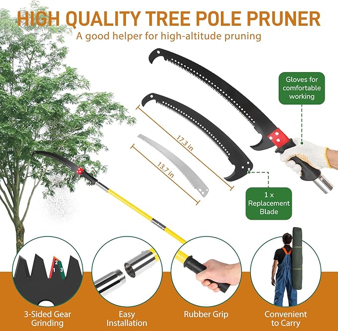 Outvita Manual Pole Saw, 24 Feet Extendable Tree Pruner with Knives and Storage Pocket, Sharp Steel Blade and Scissors High Branches Trimming for Pruning Palms and Shrubs(Yellow)