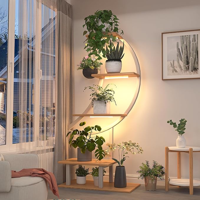 YOLENY Indoor Plant Stand with Grow Lights, Tall Corner Shelf for Multiple Plants, 47" Metal Rack with Hanging Hook for Living Room, Balcony, Patio