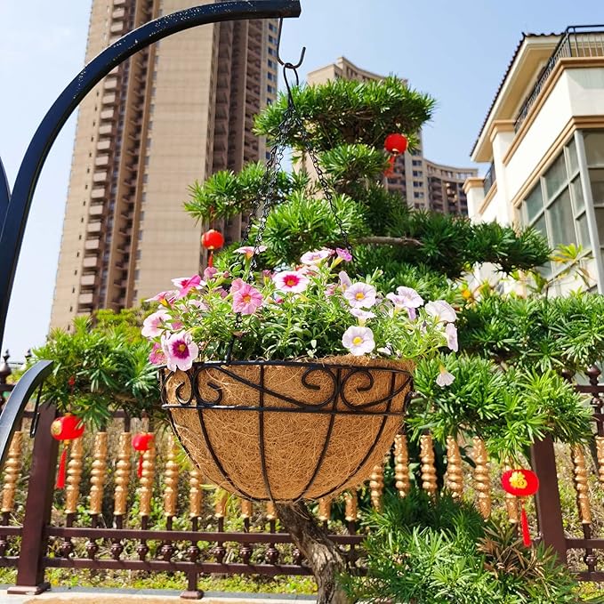 Outdoor Metal Hanging Planters Basket (4pack, 14 inch) Hanging Baskets for Plants Chain Round Wire Plant Holder with Coco Fiber Liners for Garden, Patio, Deck, Porch(Flower Border)