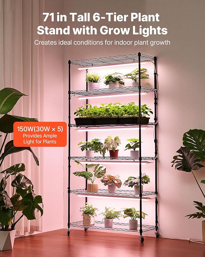 VEVOR Plant Shelf with Grow Light, 6-Tier Indoor Plant Stand, 71in Tall Indoor Plants Display Rack with Wheels & Timer, 150W 3800K Full Spectrum Grow Lights, Metal Flower Pot Holder for Seed Starting