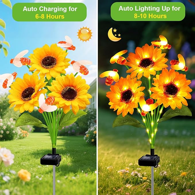 Solar Garden Lights 4 Pack Solar Swaying Bee Lights with Sunflowers, Gifts for Mom Women Mothers Day, Waterproof Firefly Flower Light for Outdoor Decor, Fall Decoration for Patio Yard Landscape