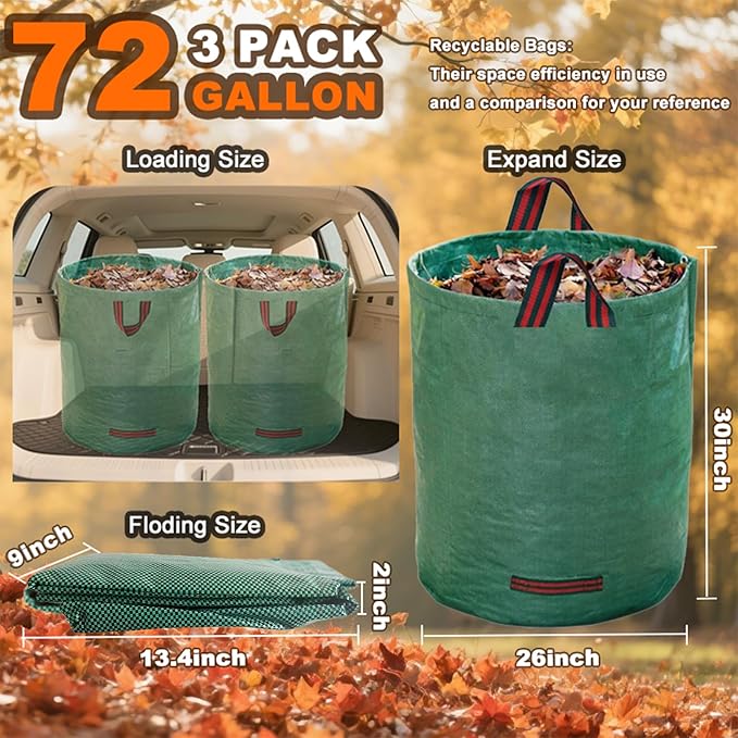 Reusable Yard Waste Bags, 72 Gallon Lawn and Leaf Garden Bags, 3 Pack Heavy Duty Garden Bags with Reinforced Carry Handles, Camping Yard Recycling Bag For Leaves, Lawn Debris & Grass Clippings