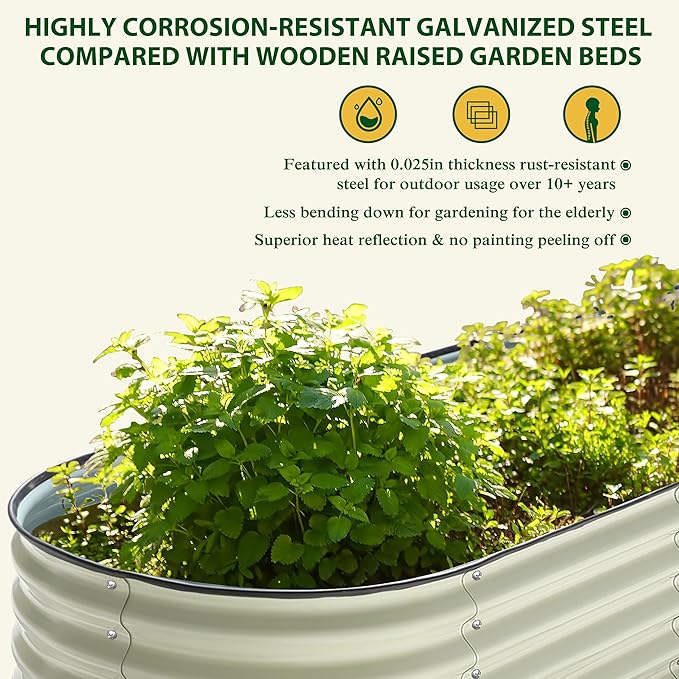 MUPATER 8ftx2ftx1.4ft Raised Garden Bed Outdoor for Vegetables, 9-in-1 Galvanized Metal Planter Box, 17''H Modular Garden Bed Kit Oval for Herbs and Flowers, Pearl White