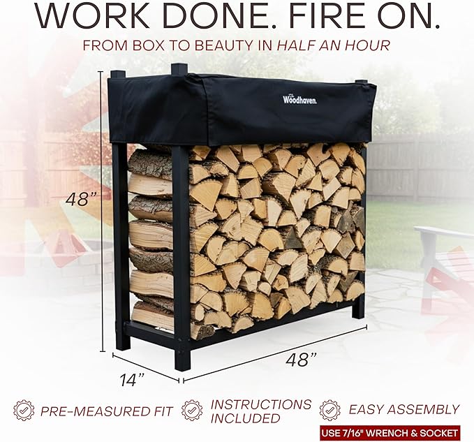 Woodhaven Black 4 Foot - Heavy Duty Made In USA - Indoor Outdoor - 1/4 Cord Firewood Storage Log Rack With Seasoning Cover Combo Set - Metal Log Storage - 48” x 48”