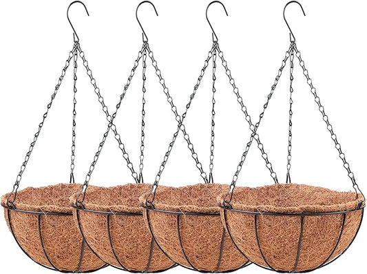 LaLaGreen Hanging Baskets for Plants Outdoor (4 Pack, 8 Inch) Hanging Planters Outdoor with Coco Liner, Small Round Flower Pots with Hanger Metal Wire Holder Deck Patio Porch Garden Balcony Decor