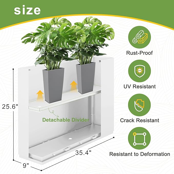 FENCY Metal Rectangular Planter Box - Large Tall Planters with Drainage Holes (35.4" L x 9" W x 25.6" H, White)