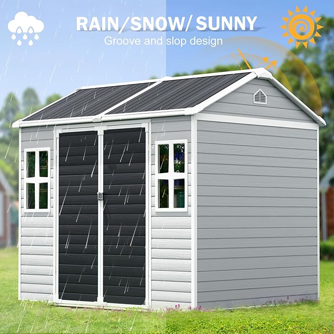 CDCASA 8x6 FT Resin Storage Shed, Waterproof Large Outdoor Sheds with Floor Included & Lockable Door, 2 Windows,Outside Plastic Tool Shed for Backyard, Patio, Poolside