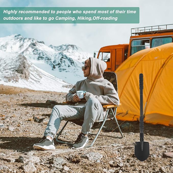 FLYEGO 9-in-1 Folding Camping Shovel, Multifunctional Military Shovel Portable Metal Detecting Shovel High Carbon Steel Entrenching Tool, Car Emergency, Hiking, Garden, Trenching, Backpacking