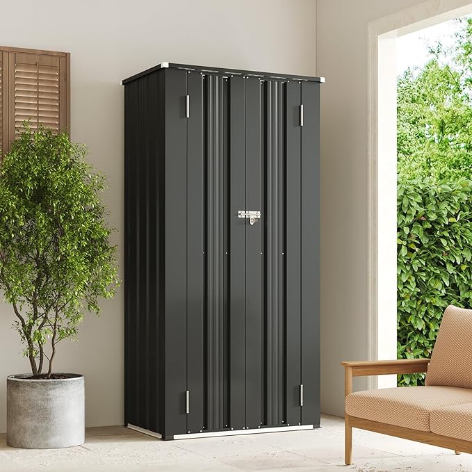 Aoxun 22 Cu.Ft Outdoor Storage Cabinet Outdoor Metal Shed with 2 Adjustable Shelves 3 Layer Indoor& Outdoor Waterproof Vertical Storage Shed for Patio Garden, Garage, Porch (Dark, 2.5'x1.5')