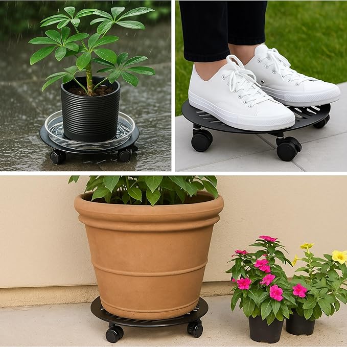 2 Packs Large Metal Plant Caddy with PU Wheels 13.6" Heavy-duty Wrought Iron Rolling Plant Stands Indoor Outdoor Wheeled Plant Dolly Planter Mover Rollers Plant, Leaf Style