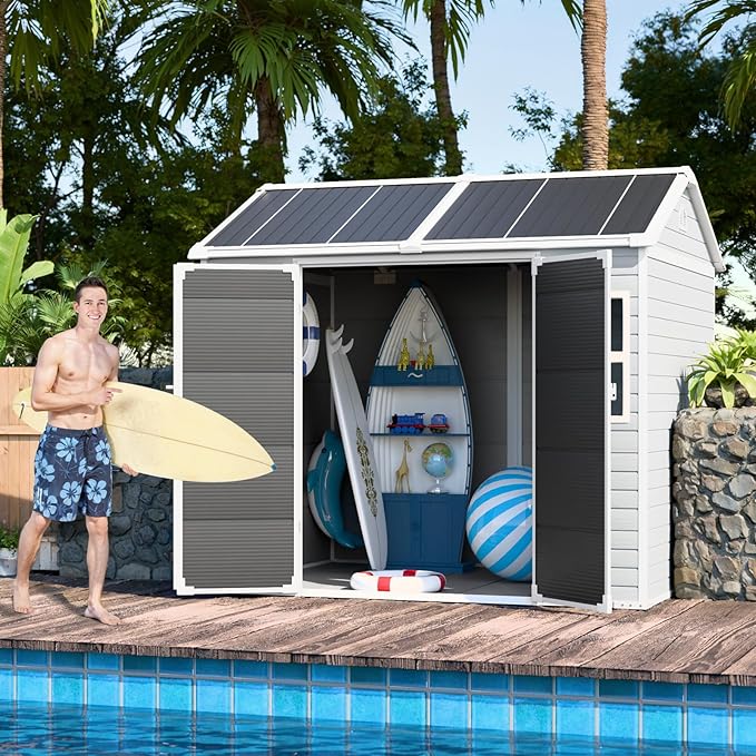 CDCASA 8x6 FT Resin Storage Shed, Waterproof Large Outdoor Sheds with Floor Included & Lockable Door, 2 Windows,Outside Plastic Tool Shed for Backyard, Patio, Poolside