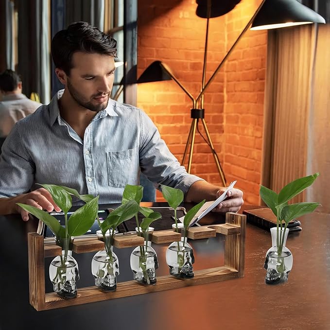 Plant Terrarium Propagation Stations Halloween Skull Planter Vase Skulls Decor with Wooden Stand Gife for Father - 5 Vases