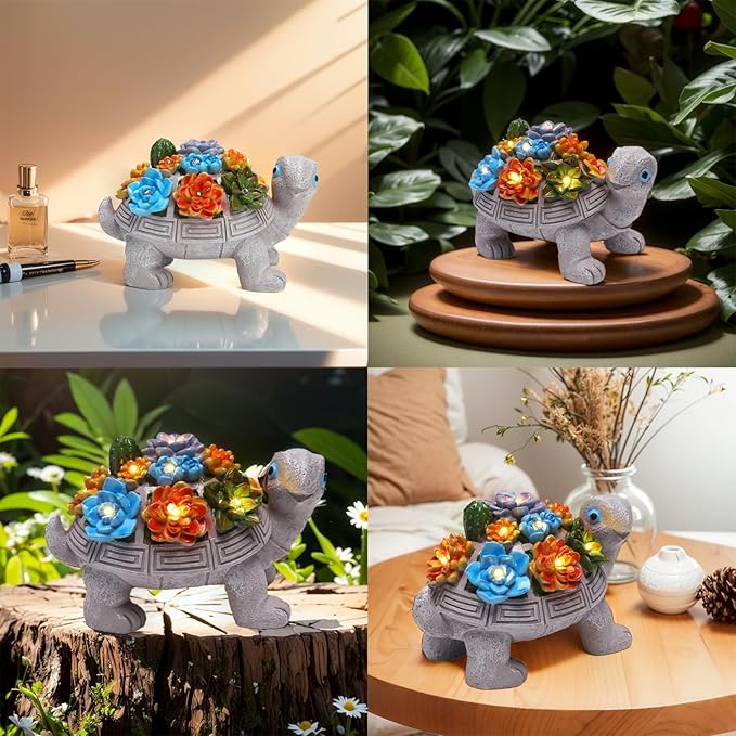 Solar Garden Turtle Statues 7 LED Lights Outdoor Decor Turtle with Succulent Resin Sculpture Patio Porch Balcony Yard Lawn Art Decor Birthday for Women Grandma Housewarming Gifts