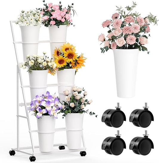 Invech Flower Display Stand with 6 Buckets and Wheels, 3 Tier White Flower Cart Display Stand for Indoor Outdoor Garden, Wedding, Flower Shop (Existing Patent)