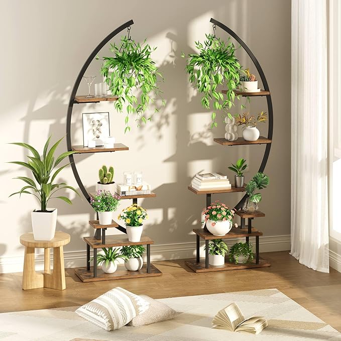 GREENSTELL Plant Stand Indoor with Grow Light, 7-Tiered Tall Metal Plant Stand for Indoor Plants, Half-Moon Shape Display Shelf for Living Room, Balcony, Patio, Black (2 Pack)
