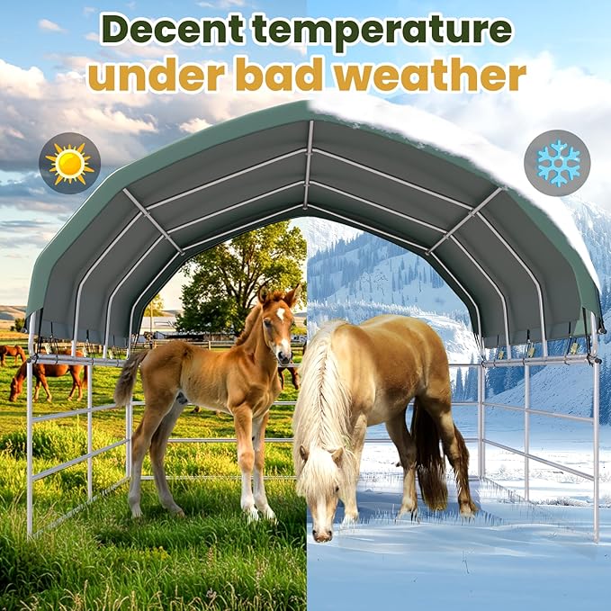 YOLENY 12'x12' Corral Shelter, Heavy Duty Round Style Canopy, Green, Waterproof and UV Treated Universal Cover, Easy Assembly Stable and Agricultural Storage and Shade Shed Kit for Livestock