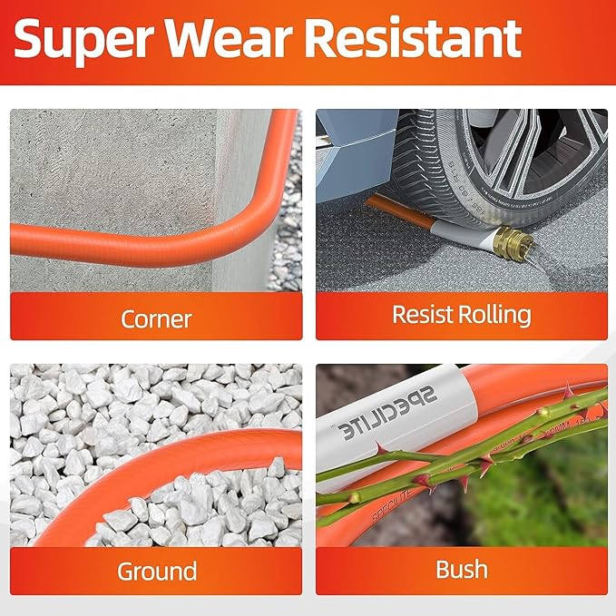 SPECILITE Garden Water Hose 150 ft x 5/8 in Heavy Duty, Flexible and Lightweight, Burst 600 psi, Kink-less Hybrid Rubber Pipe for Backyard, 3/4'' Brass Fittings, Orange