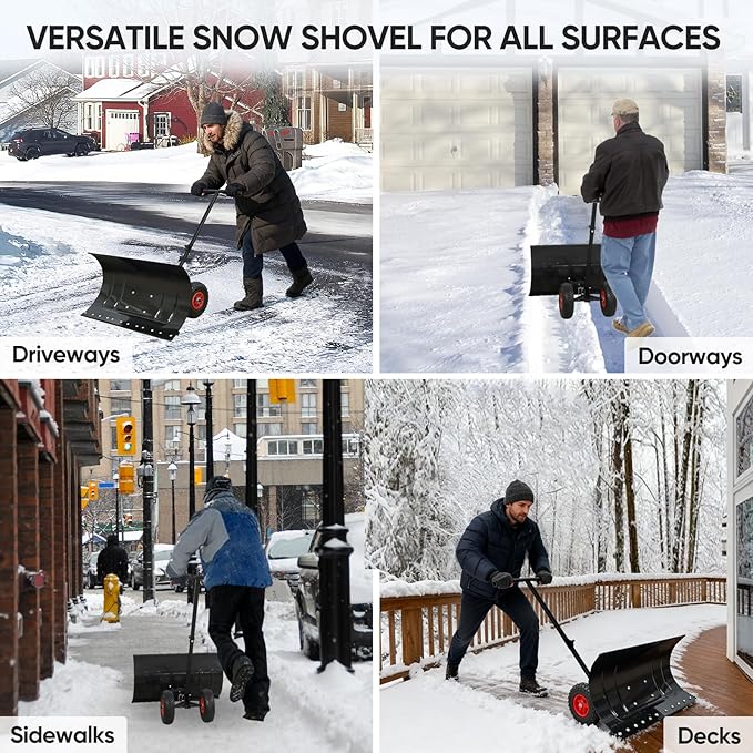 EAGLE PEAK Wheeled Snow Shovel for Driveway, Personal Snow Pusher with Wheels, Adjustable Plow Angle, Ergonomic Handle, Heavy Duty 29.1”x16.5” Blade, Single Rod Plow Shovel, Black