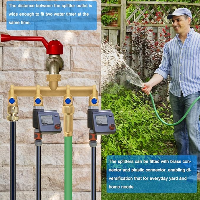 Brass Garden Hose Splitter, 4 Way Hose Splitter, Outdoor Hose Splitter, GHT 3/4 in. Female Inlet and 3 Way 3/4 in. Male Outlet for Regulating and Shutting Off Water Flow