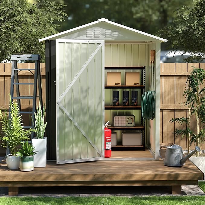5.4x4.27 FT Outdoor Storage Shed, Metal Garden Tool Shed with Sloping Roof and Lockable Doors for Backyard Garden Patio Lawn, Grey