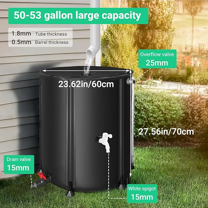 50 Gallon / 200L Collapsible Rain Barrel, Foldable PVC Rain Barrels to Collect Rainwater from Gutter, Portable Water Storage Tank Container with Hose Spigot, Water Catcher Collector Black