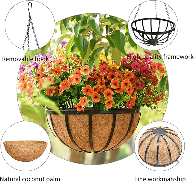 14 Inch Black Flat Iron Metal Hanging Planter Basket with Coco Coir Liner(4 Pack) Hanging Planters for Outdoor Plants Hanging Baskets for Plants Flower Pots for Deck Patio Porch Garden Balcony