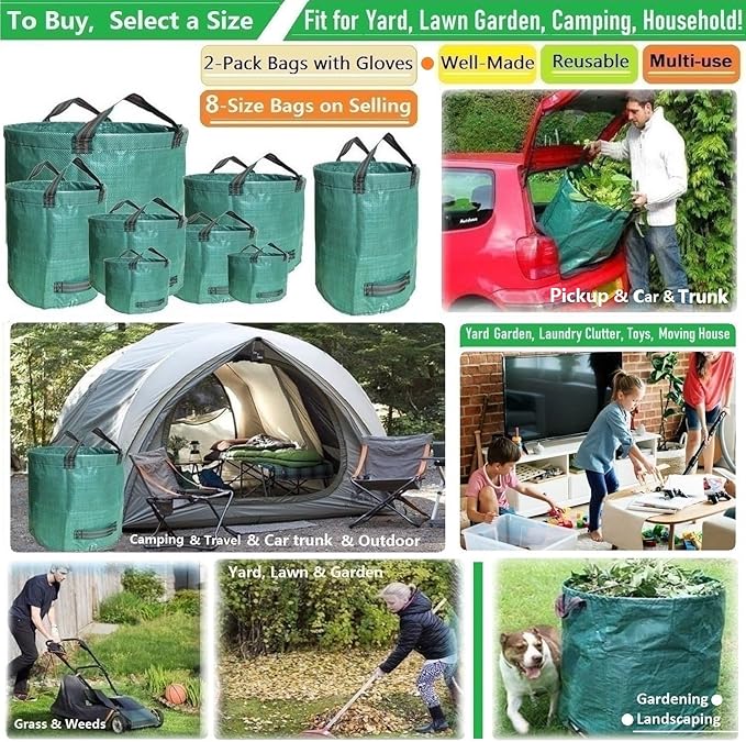 Standard 2-Pack 16 Gallon Yard Lawn Garden Bags (D18, H15 inch) w/Gardening Gloves for Yard Waste Bags,Patio Debris Container,Camping Trash Bin,Recycling Bag,Laundry Bin,Lawn Weeds,Leaf Bag 4 handles