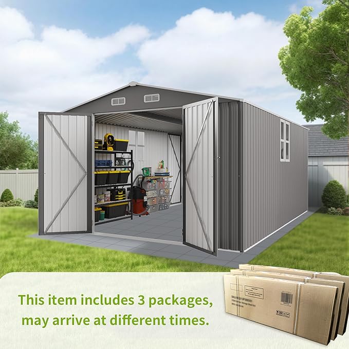10x14 FT Outdoor Storage Shed,Metal Shed W/ 3 Lockable Doors & Window,Garden Tool House W/ 4 Air Vents & Sloped Roof,All Weather Waterproof for Backyard,Patio,Lawn,Grey