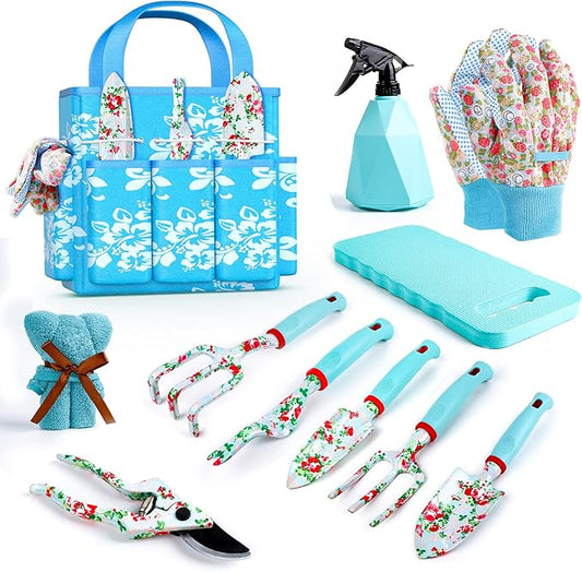 JUMPHIGH Womens Gardening Gifts Set - Floral Gardening Tools with Tote Bag - Gifts for Mom, Girlfriend or Women - Birthday, Christmas (Blue)