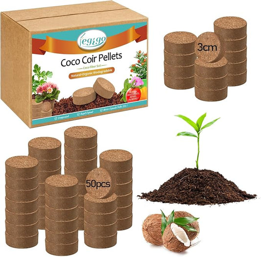Legigo 50 Pcs 30mm Coco Coir Pellets Seed Starter Soil Mix- Organic Coconut Coir Potting Soil Pods for Seedling, Coco Peat Soil Discs for Indoor & Outdoor Plants Bonsai Herbs Vegetables and Flowers