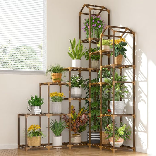 EnHomee 73.6" H Plant Stand Indoor Outdoor Tall Plant Shelf for 17-23 Pots Corner Tiered Plant Stands for Multiple Plants Wood Hanging Plants Holder for Garden Balcony Patio Window Porch