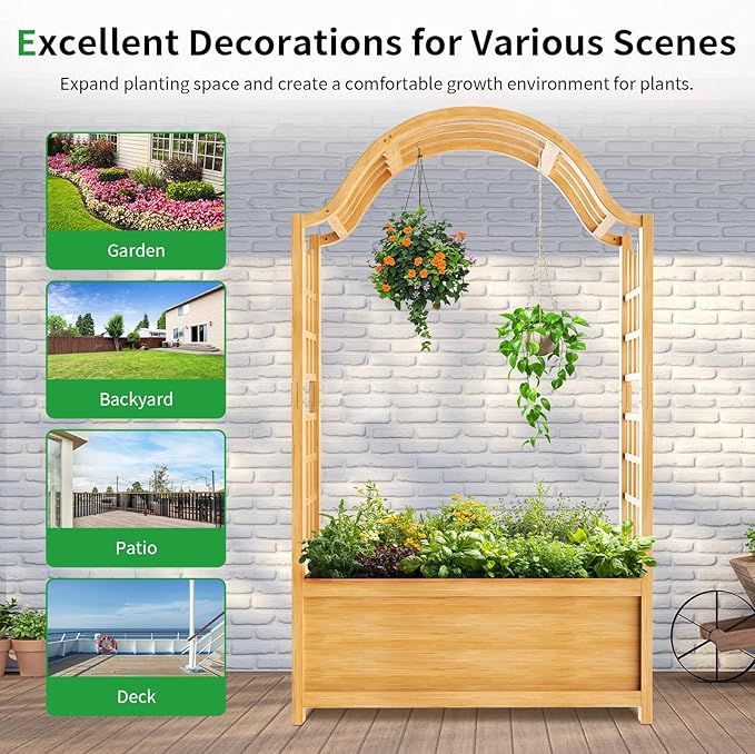 SUNYRISY Raised Garden Bed with Arch Trellis, Wooden Outdoor Vertical Planter Box for Climbing Plant Vine Flowers Vegetables, Planter Raised Bed with Hanging Roof and Drainage Holes